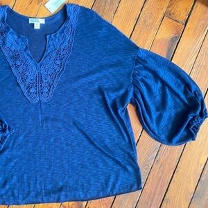 V-Neck Embroidered Navy Sweater Bell Long Sleeve Top Size 2X NWT Studio Woman JP